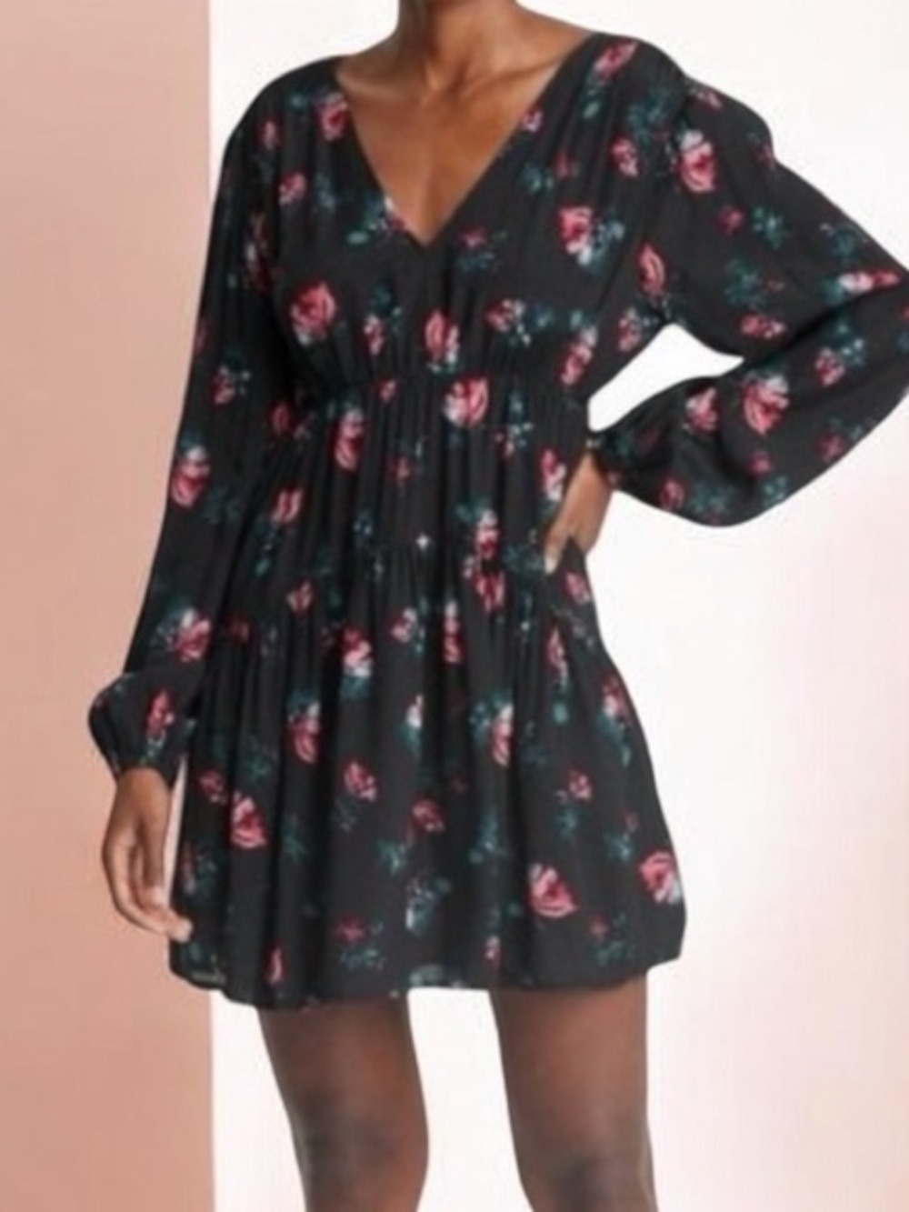 Any day V-Neck Floral Mini Dress in Black with Pink Accents